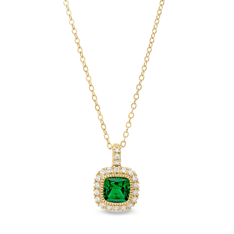 Gold finish sterling silver micropave simulated emerald pendant with simulated diamonds on 18 cable chain