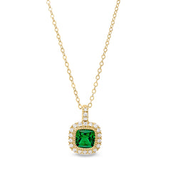 Gold finish sterling silver micropave simulated emerald pendant with simulated diamonds on 18 cable chain