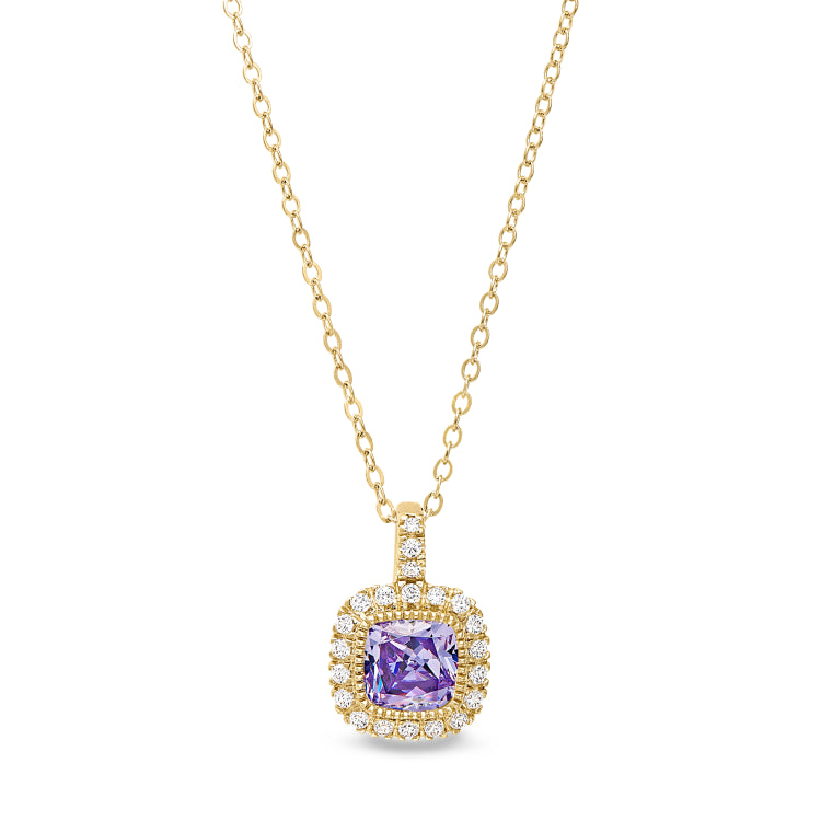 Gold finish sterling silver micropave simulated light amethyst pendant with simulated diamonds on 18 cable chain