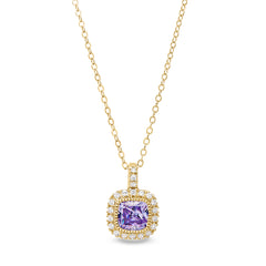 Gold finish sterling silver micropave simulated light amethyst pendant with simulated diamonds on 18 cable chain
