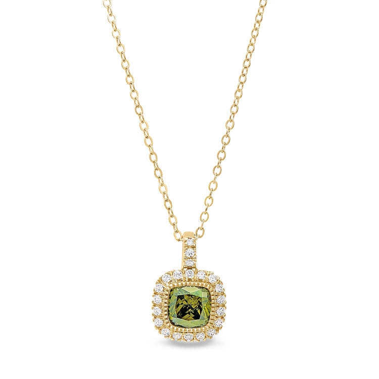 Gold finish sterling silver micropave simulated peridot pendant with simulated diamonds on 18 cable chain