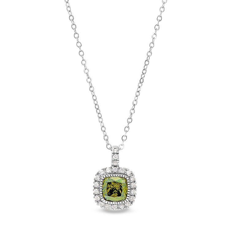 Platinum finish sterling silver micropave simulated peridot pendant with simulated diamonds on 18 cable chain