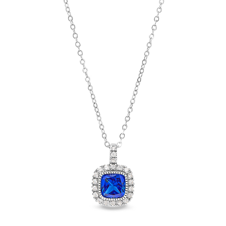 Platinum finish sterling silver micropave simulated blue sapphire pendant with simulated diamonds on 18 cable chain