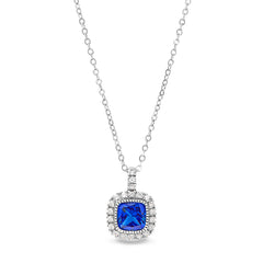 Platinum finish sterling silver micropave simulated blue sapphire pendant with simulated diamonds on 18 cable chain