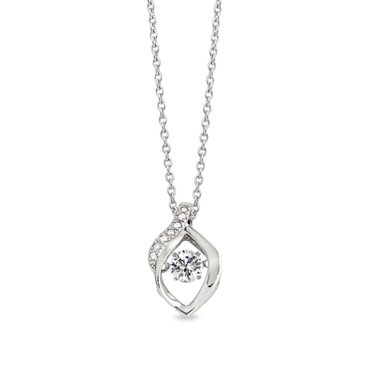 Platinum finish sterling micropave dancing stone flame shaped pendant with simulated diamonds on 16 - 18 adjustable cable ch