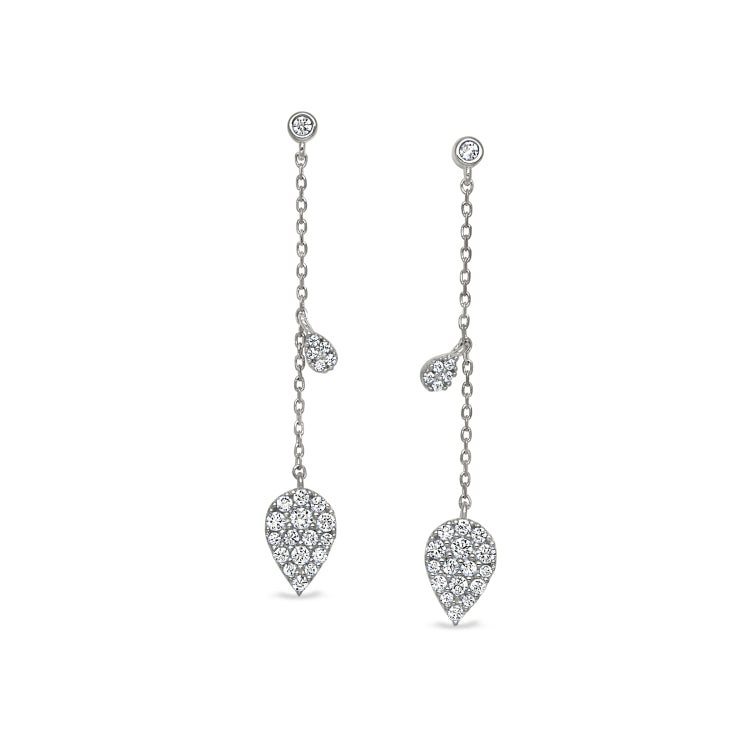 Platinum finish sterling silver micropave leaf drop earrings with simulated diamonds