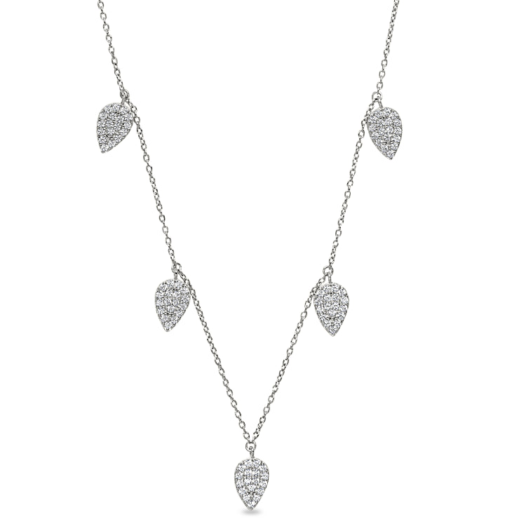 Platinum finish sterling silver micropave 5 floating leaves necklace with simulated diamonds on 16-18 adjustable chain