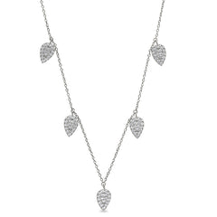 Platinum finish sterling silver micropave 5 floating leaves necklace with simulated diamonds on 16-18 adjustable chain