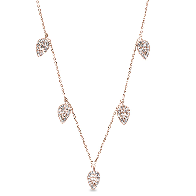 Rose gold finish sterling silver micropave 5 floating leaves necklace with simulated diamonds on 16-18 adjustable chain