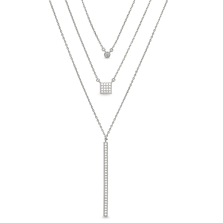 Platinum finish sterling silver micropave layered necklace with simulated diamonds on 16 - 18 adjustable chain