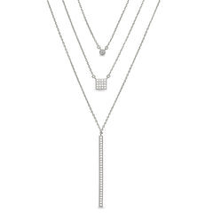 Platinum finish sterling silver micropave layered necklace with simulated diamonds on 16 - 18 adjustable chain