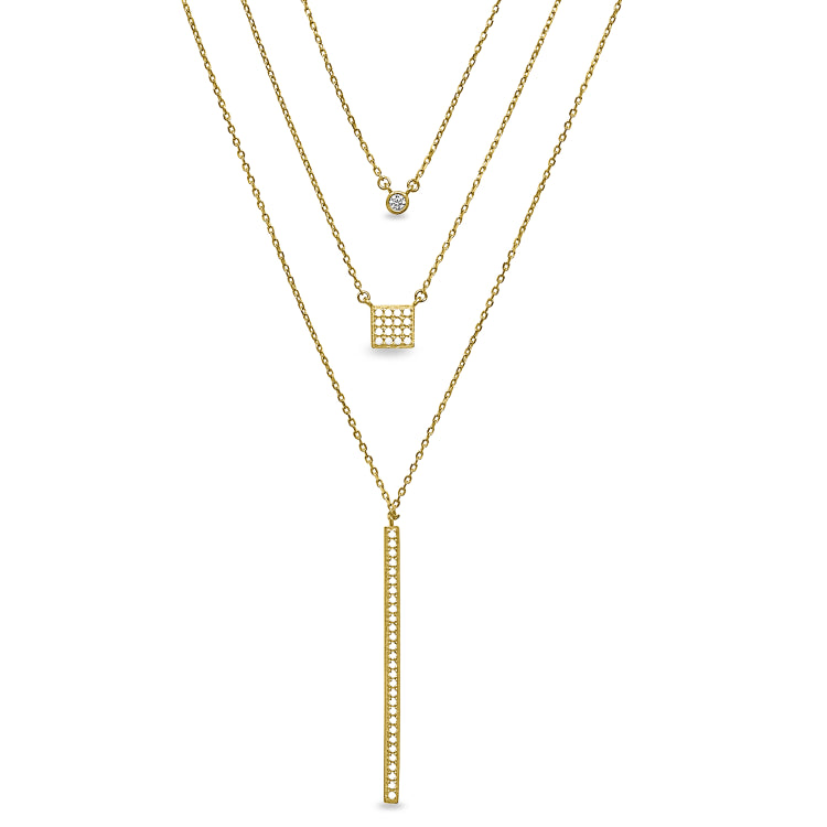 Gold finish sterling silver micropave layered necklace with simulated diamonds on 16 - 18 adjustable chain