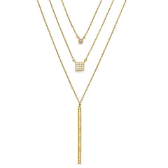 Gold finish sterling silver micropave layered necklace with simulated diamonds on 16 - 18 adjustable chain