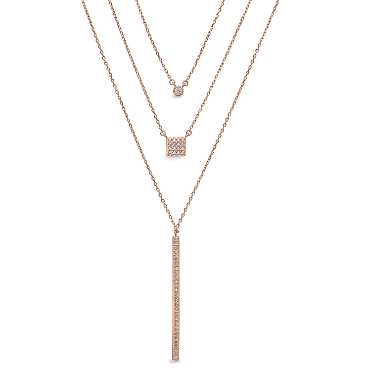 Rose gold finish sterling silver micropave layered necklace with simulated diamonds on 16 - 18 adjustable chain