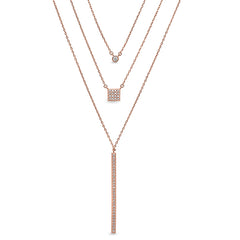 Rose gold finish sterling silver micropave layered necklace with simulated diamonds on 16 - 18 adjustable chain