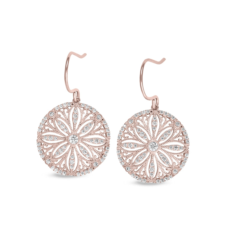 Rose gold finish sterling silver micropave vintage sand dollar earrings with simulated diamonds