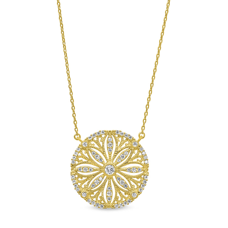 Gold finish sterling silver micropave vintage san dollar necklace with simulated diamonds on 16-18 adjustable chain