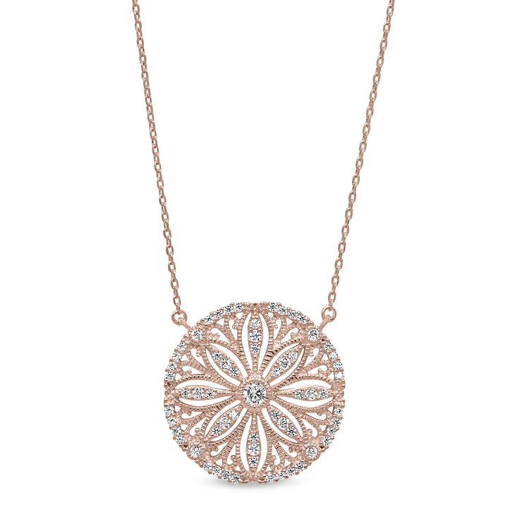 Rose gold finish sterling silver micropave vintage san dollar necklace with simulated diamonds on 16-18 adjustable chain