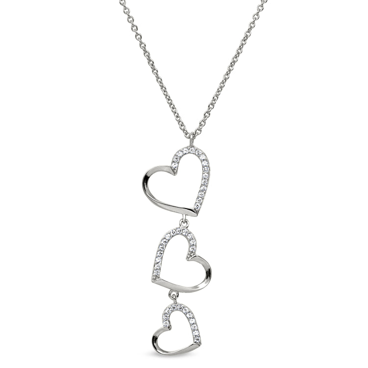 Platinum finish sterling silver micropave three falling hearts pendant with simulated diamonds on 16-18 adjustable chain