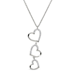 Platinum finish sterling silver micropave three falling hearts pendant with simulated diamonds on 16-18 adjustable chain