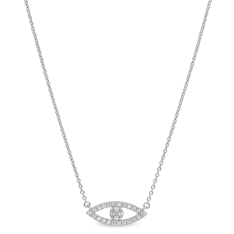 Platinum finish sterling silver micropave evil eye necklace with simulated diamonds on 16-18 adjustable chain