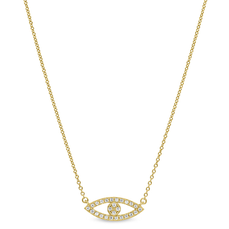 Gold finish sterling silver micropave evil eye necklace with simulated diamonds on 16-18 adjustable chain