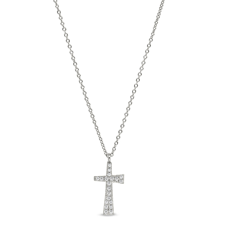 Platinum finish sterling silver micropave tapered cross pendant with simulated diamonds on 16-18 adjustable chain