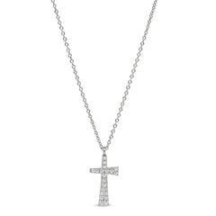 Platinum finish sterling silver micropave tapered cross pendant with simulated diamonds on 16-18 adjustable chain