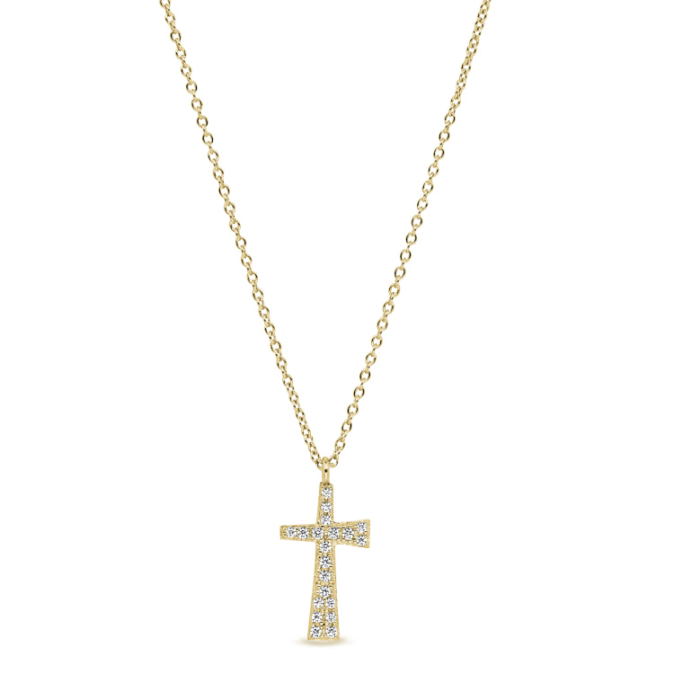 Gold finish sterling silver micropave tapered cross pendant with simulated diamonds on 16-18 adjustable chain
