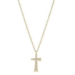 Gold finish sterling silver micropave tapered cross pendant with simulated diamonds on 16-18 adjustable chain