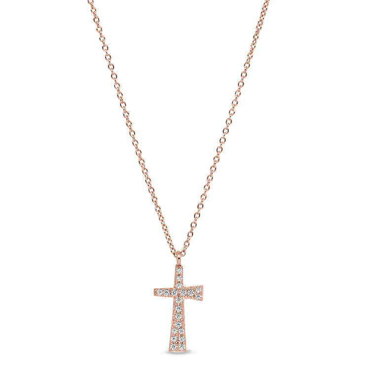 Rose gold finish sterling silver micropave tapered cross pendant with simulated diamonds on 16-18 adjustable chain