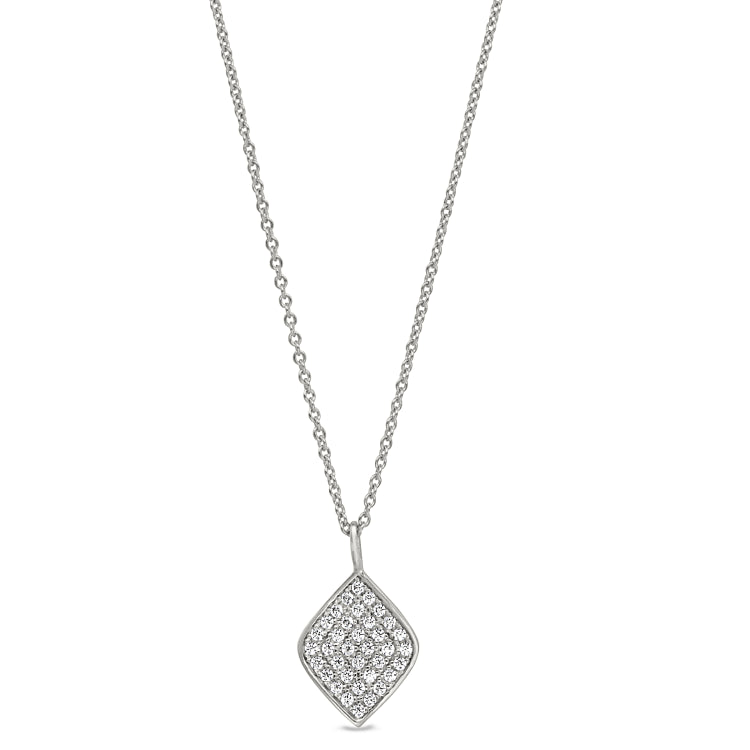 Platinum finish sterling silver micropave diamond shaped pendant with simulated diamonds on 16-18 adjustable chain