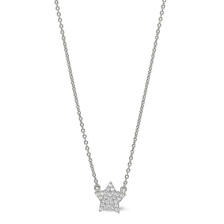Platinum finish sterling silver micropave star necklace with simulated diamonds on 16-18 adjustable chain