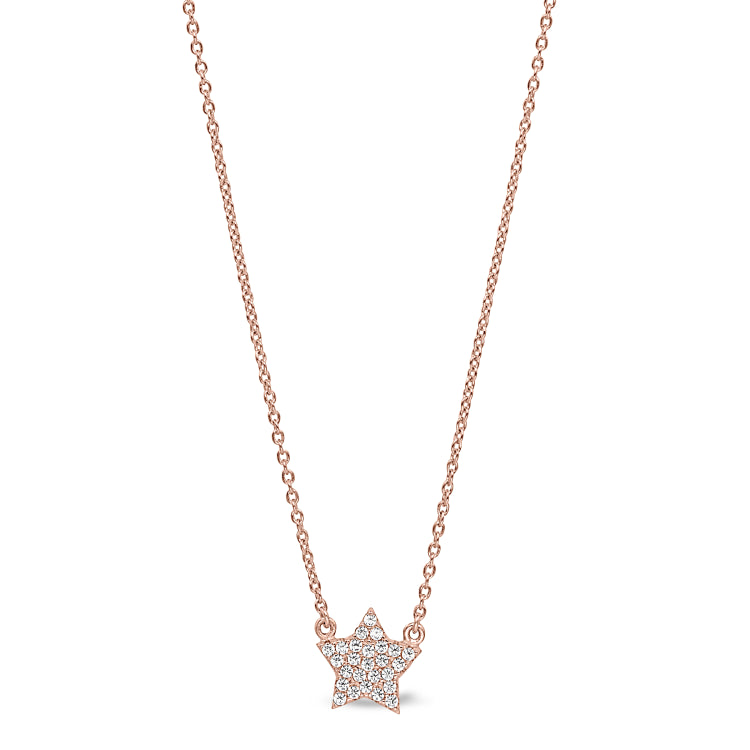 Rose gold finish sterling silver micropave star necklace with simulated diamonds on 16-18 adjustable chain