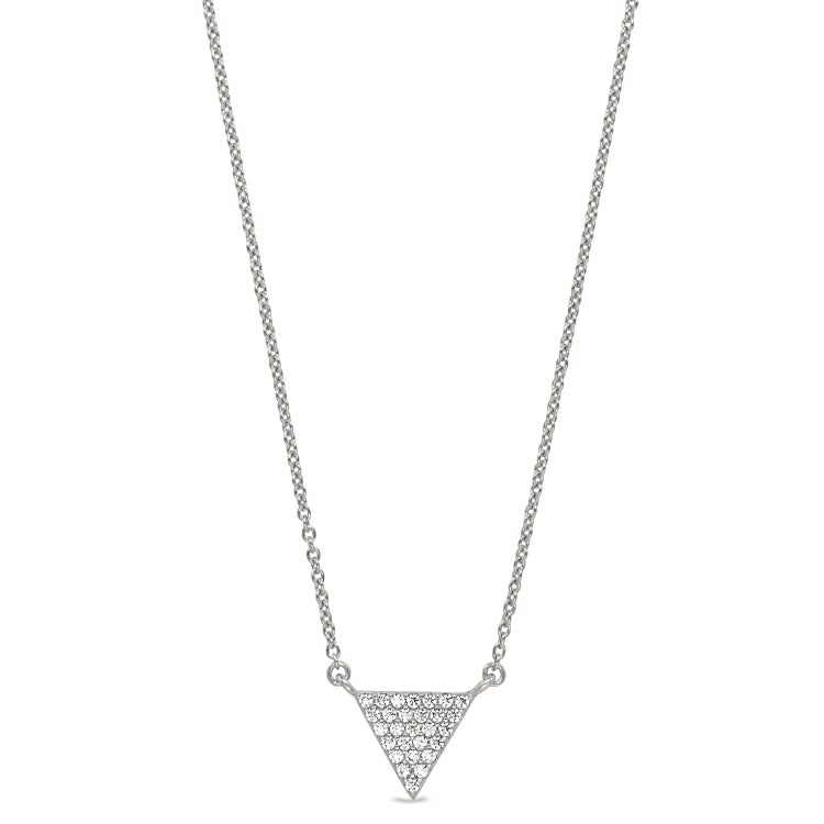 Platinum finish sterling silver micropave triangle necklace with simulated diamonds on 16-18 adjustable chain