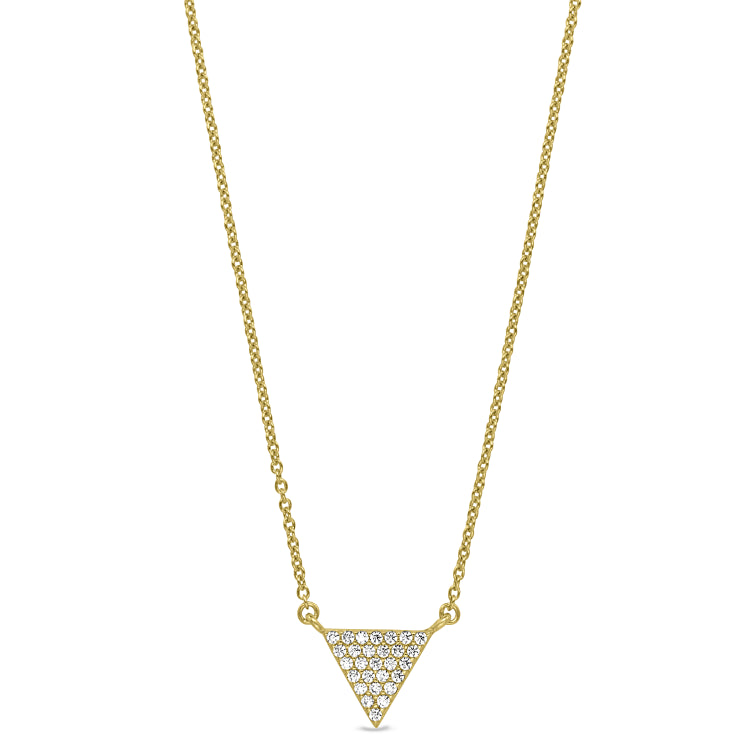 Gold finish sterling silver micropave triangle necklace with simulated diamonds on 16-18 adjustable chain