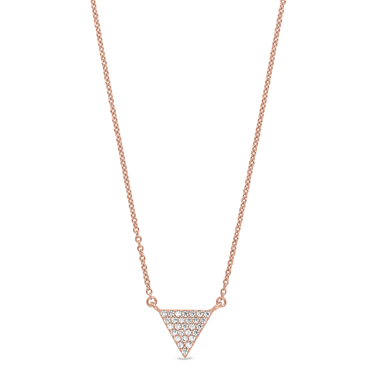Rose gold finish sterling silver micropave triangle necklace with simulated diamonds on 16-18 adjustable chain