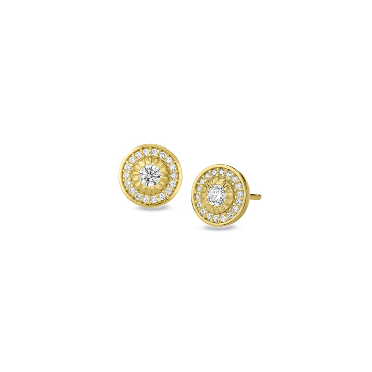 Gold finish sterling silver micropave halo earrings with simulated diamonds