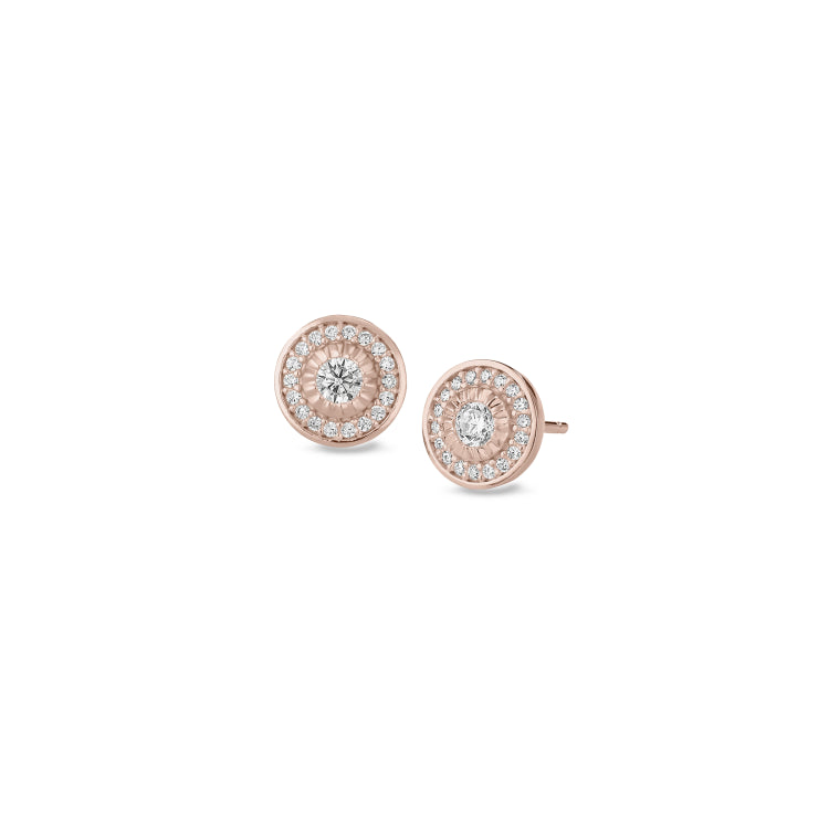Rose gold finish sterling silver micropave halo earrings with simulated diamonds