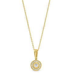 Gold finish sterling silver micropave halo pendant with simulated diamonds on 16-18 adjustable chain