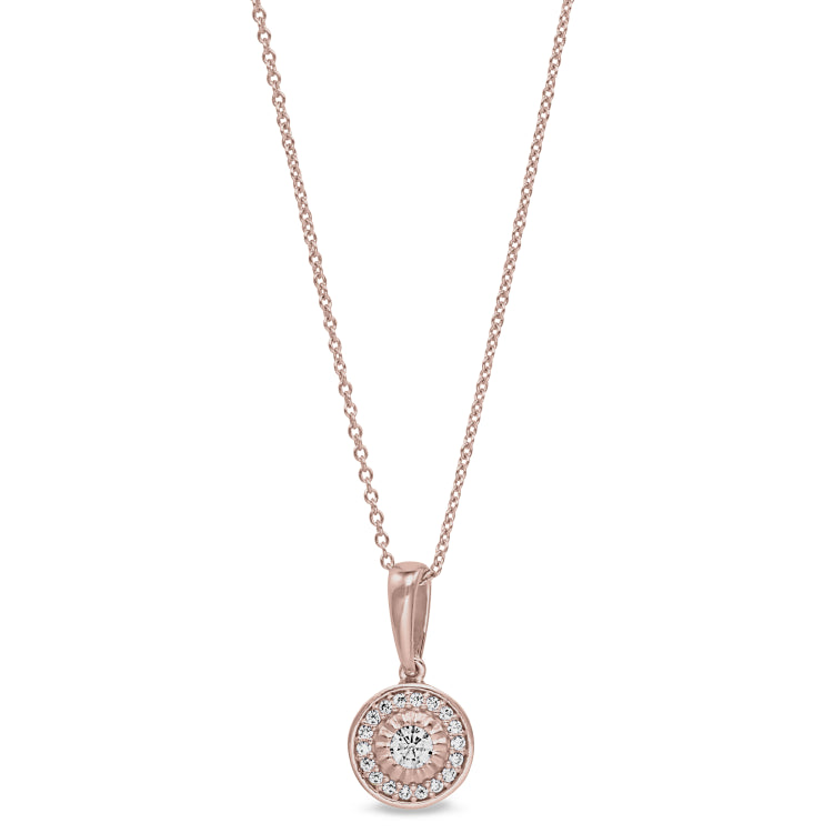 Rose gold finish sterling silver micropave halo pendant with simulated diamonds on 16-18 adjustable chain