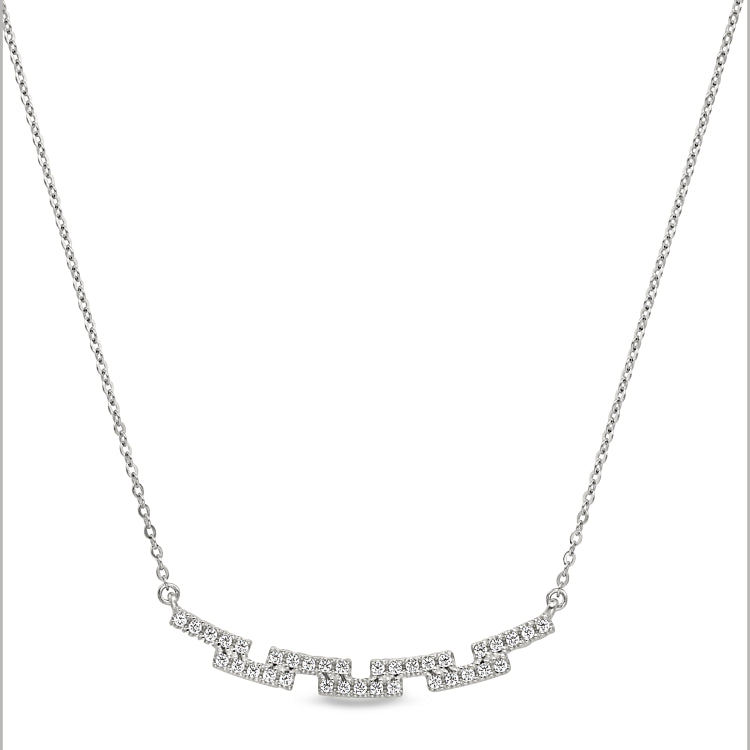 Platinum finish sterling silver micropave staggered bar necklace with simulated diamonds on 16-18 adjustable chain
