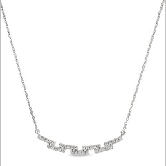 Platinum finish sterling silver micropave staggered bar necklace with simulated diamonds on 16-18 adjustable chain