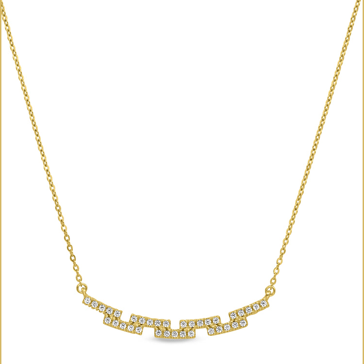 Gold finish sterling silver micropave staggered bar necklace with simulated diamonds on 16-18 adjustable chain