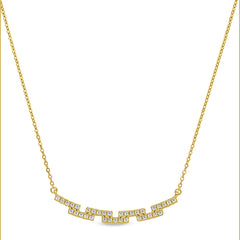 Gold finish sterling silver micropave staggered bar necklace with simulated diamonds on 16-18 adjustable chain