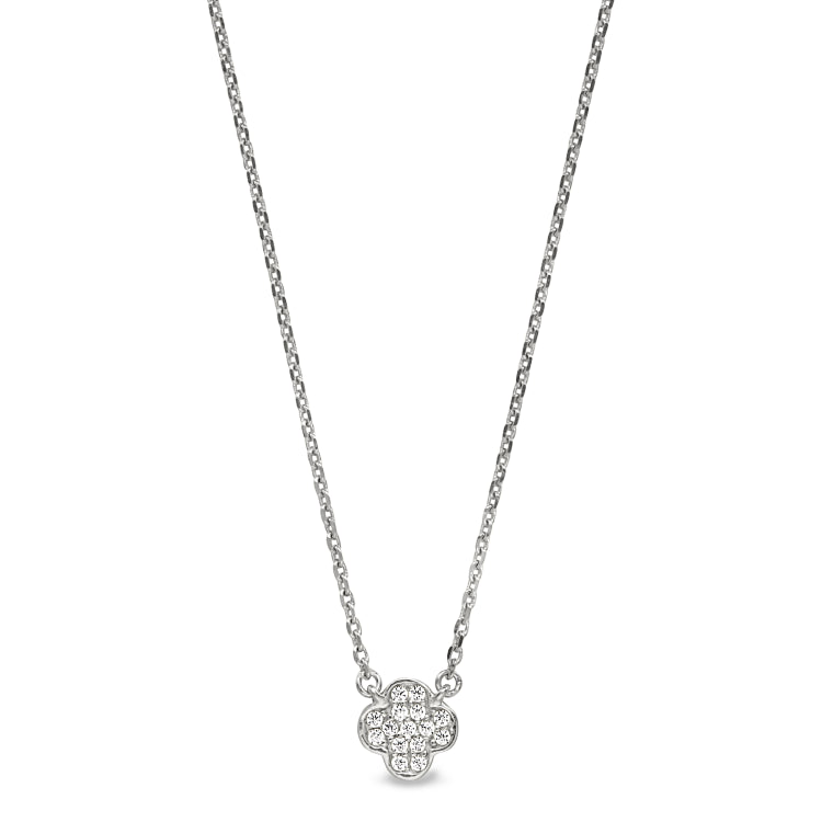 Platinum finish sterling silver micropave small clover shape necklace with simulated diamonds on 16-18 adjustable chain