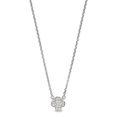 Platinum finish sterling silver micropave small clover shape necklace with simulated diamonds on 16-18 adjustable chain
