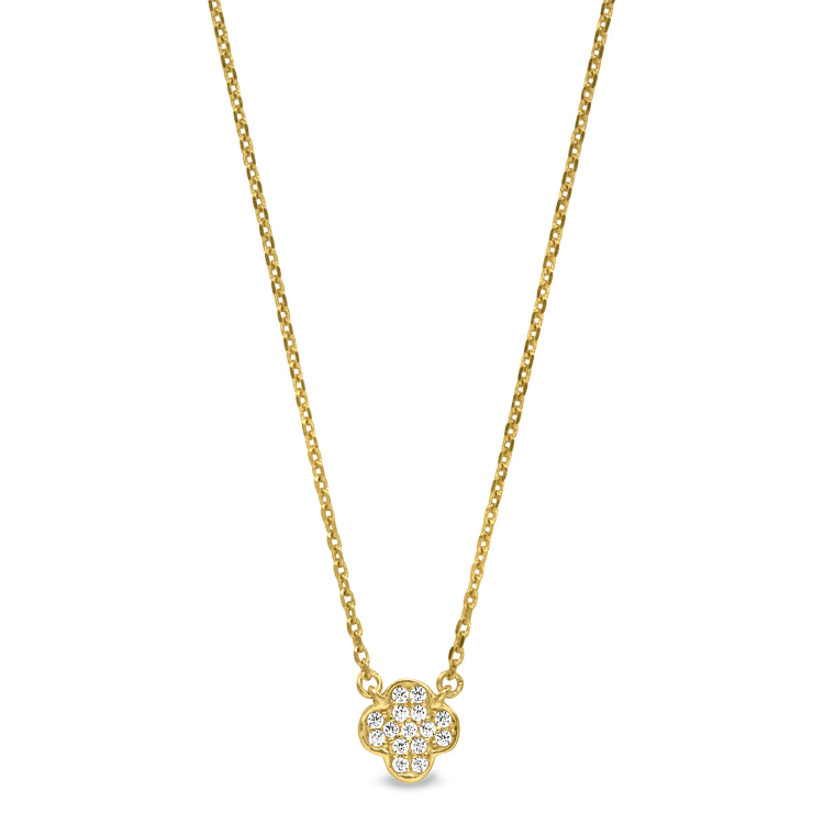 Gold finish sterling silver micropave small clover shape necklace with simulated diamonds on 16-18 adjustable chain