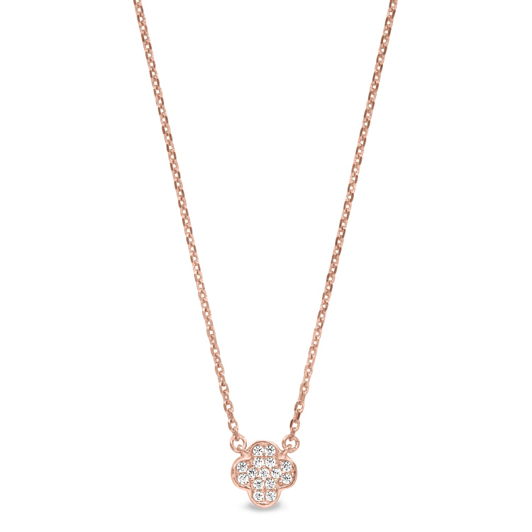 Rose gold finish sterling silver micropave small clover shape necklace with simulated diamonds on 16-18 adjustable chain