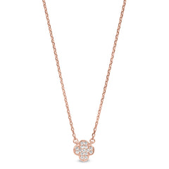 Rose gold finish sterling silver micropave small clover shape necklace with simulated diamonds on 16-18 adjustable chain